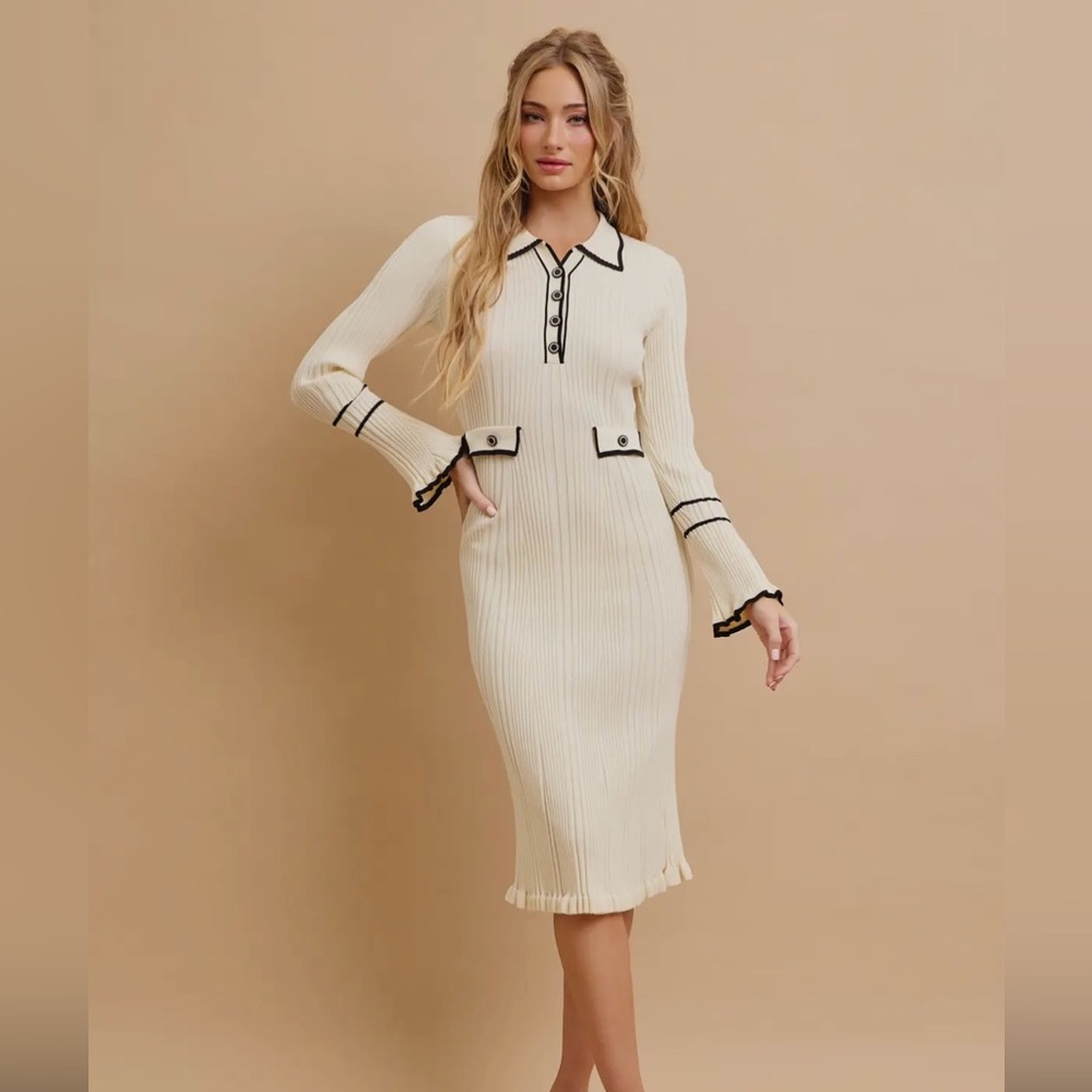 Elegant Cream Midi Dress with Black Trim